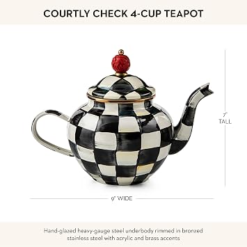 MACKENZIE-CHILDS Enamel Teapot, 4 Cups, Black-and-White Courtly Check
