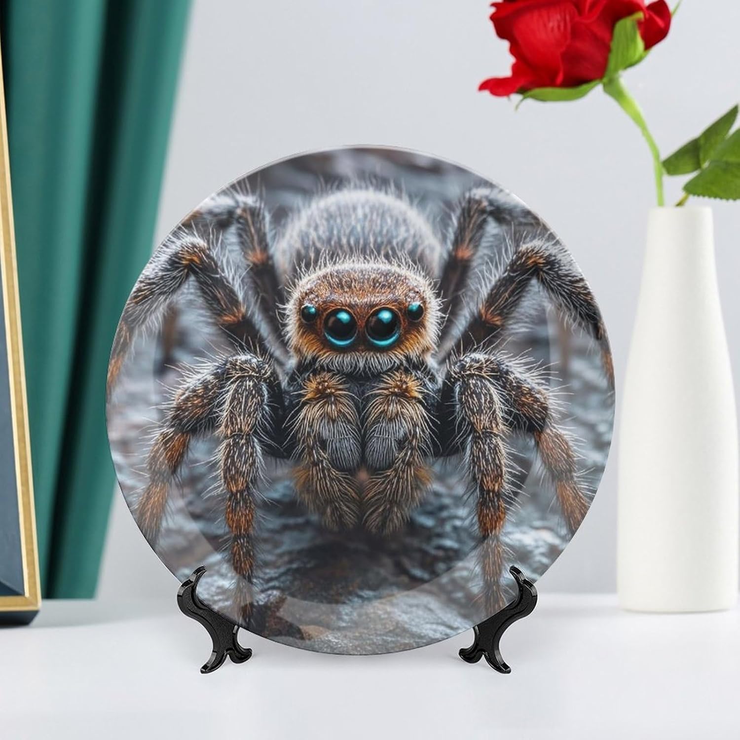 Ground Spider Ceramic Plate 10inch Decorative Bone China Wall Hanging Ornament Plates Bohemian Style Dinner Plate with Display Stand Cabinet Display Plates for Home Art Decor