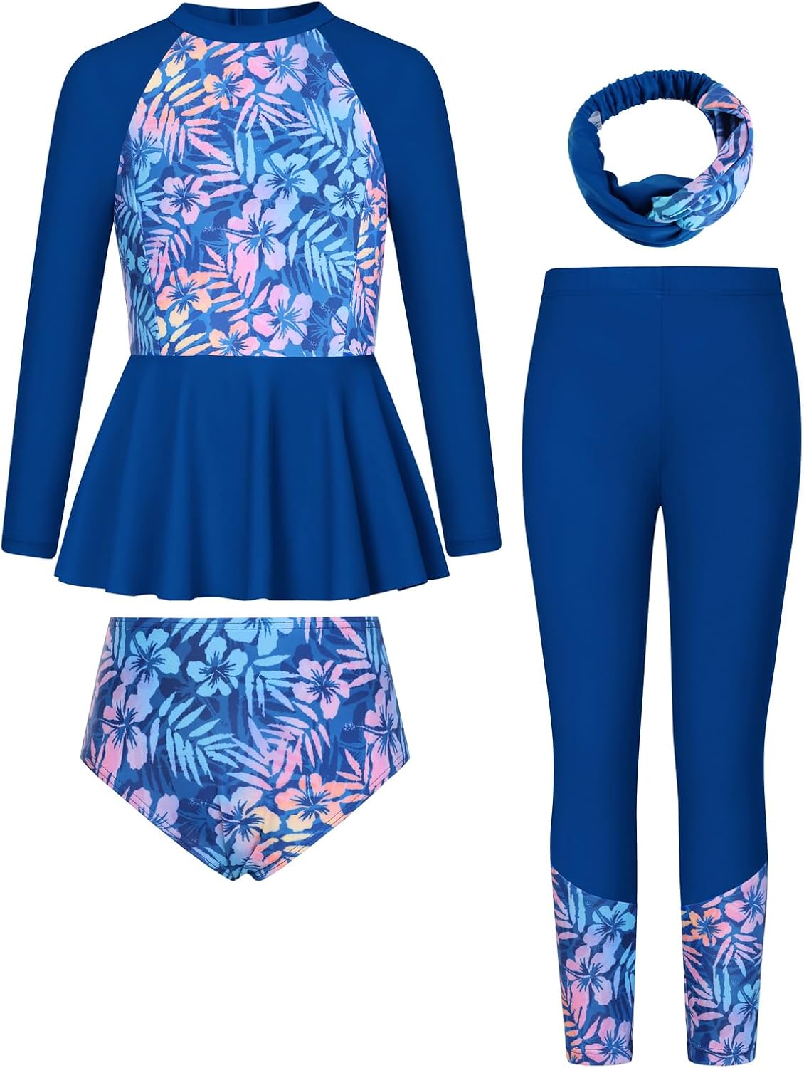 GRACE KARIN Girls Long Sleeve Swimsuit Mermaid Bathing Suit Rash Guard Swimwear 4 Piece Size 5-12