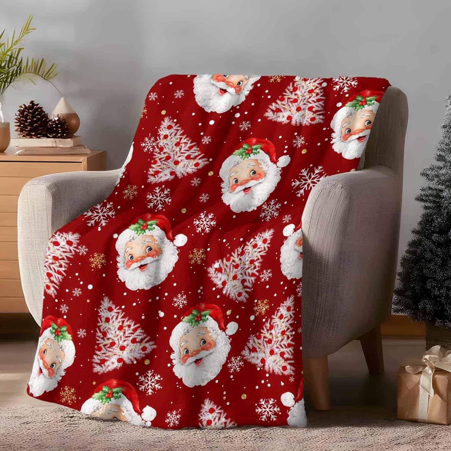 Red Christmas Throw Blankets, Santa Claus Merry Christmas Tree Soft Fleece Blanket Decorative for Home Sofa Couch Chair Living Bedroom,40x60 Inches, Winter Snowflake