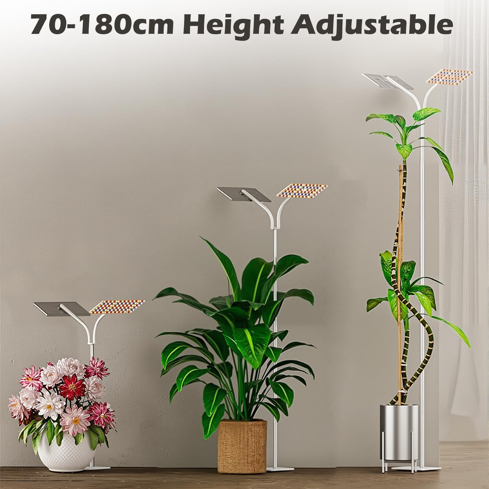 Lampe de croissance avec pied, lumière végétale à spectre complet hauteur réglable 70-180 cm & 3 modes d’éclairage, minuterie automatique marche/arrêt 3/9/12H (2 panneau d'éclairage)