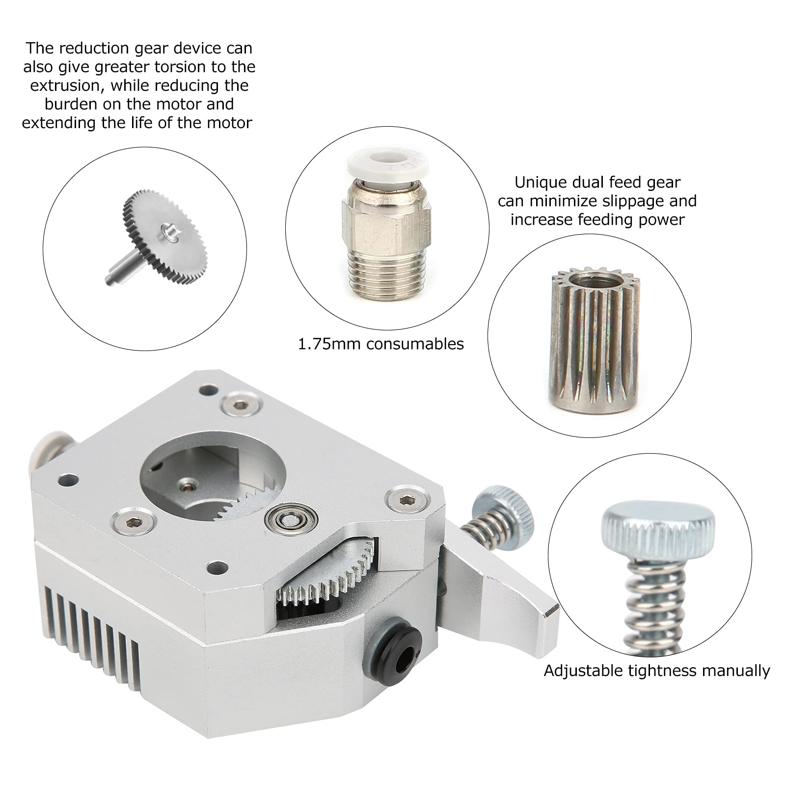 3D Drucker Zubehör Ersatzteil, Dual Gear Extruder, Upgrade Dual Drive Gear Extruder Vollmetallgehäuse 1,75 mm Verbrauchsmaterial für 3D Drucker Silber