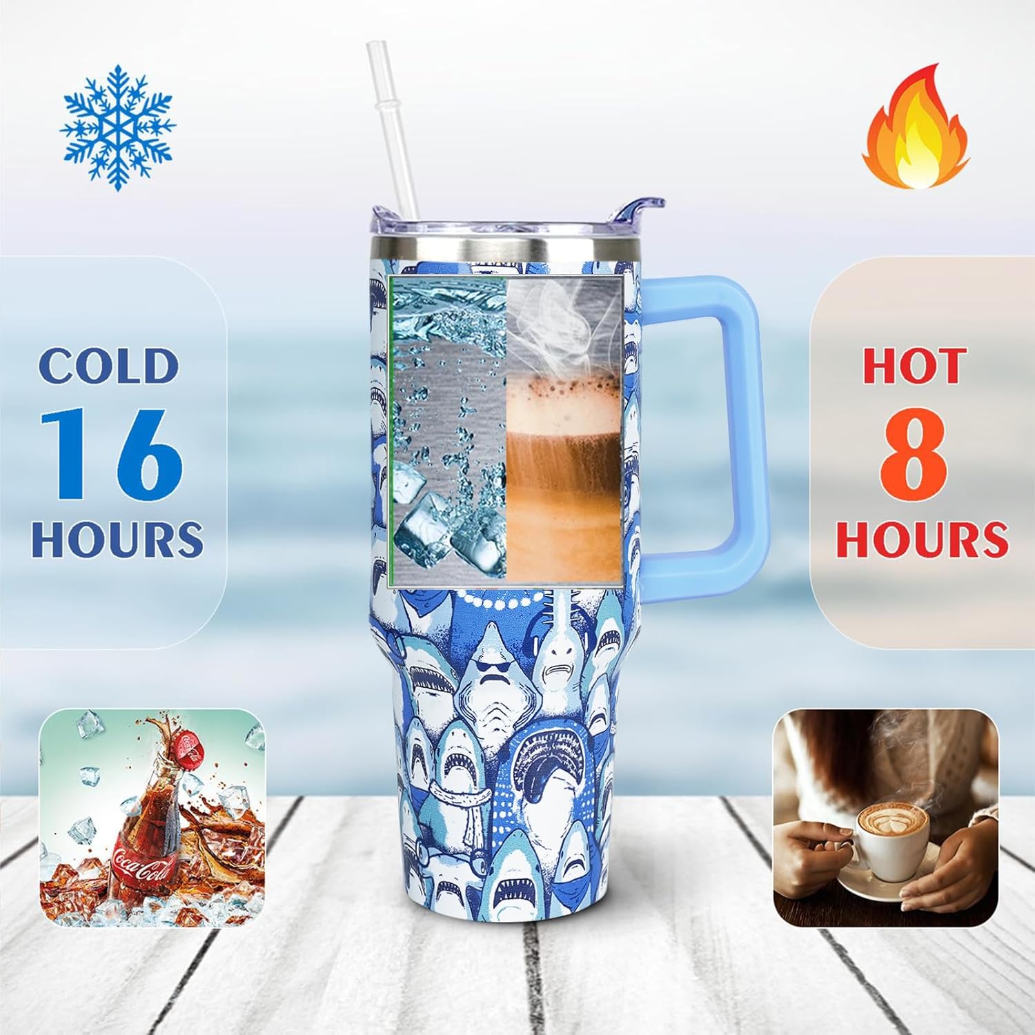 40 oz Funny Shark Tumbler with Handle and Straw Lid Gift Ideas for Shark Themed Lovers Adults Double Insulated Cup Travel Coffee Mug - Image 6