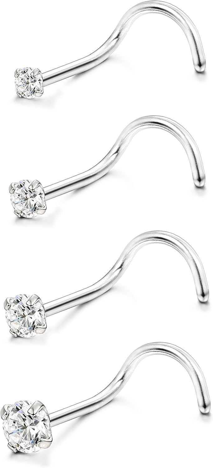 Jstyle 18G 20G 4 Pcs Stainless Steel Nose Rings Studs Screw Piercing Body Jewelry 1.5mm 2mm 2.5mm 3mm Diamond CZ