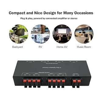 4-Channel Passive Speaker Selector, 4-Zone Sound Distribution Box Hub, Supports up to 200W / Total Power, Full Metal Square Box