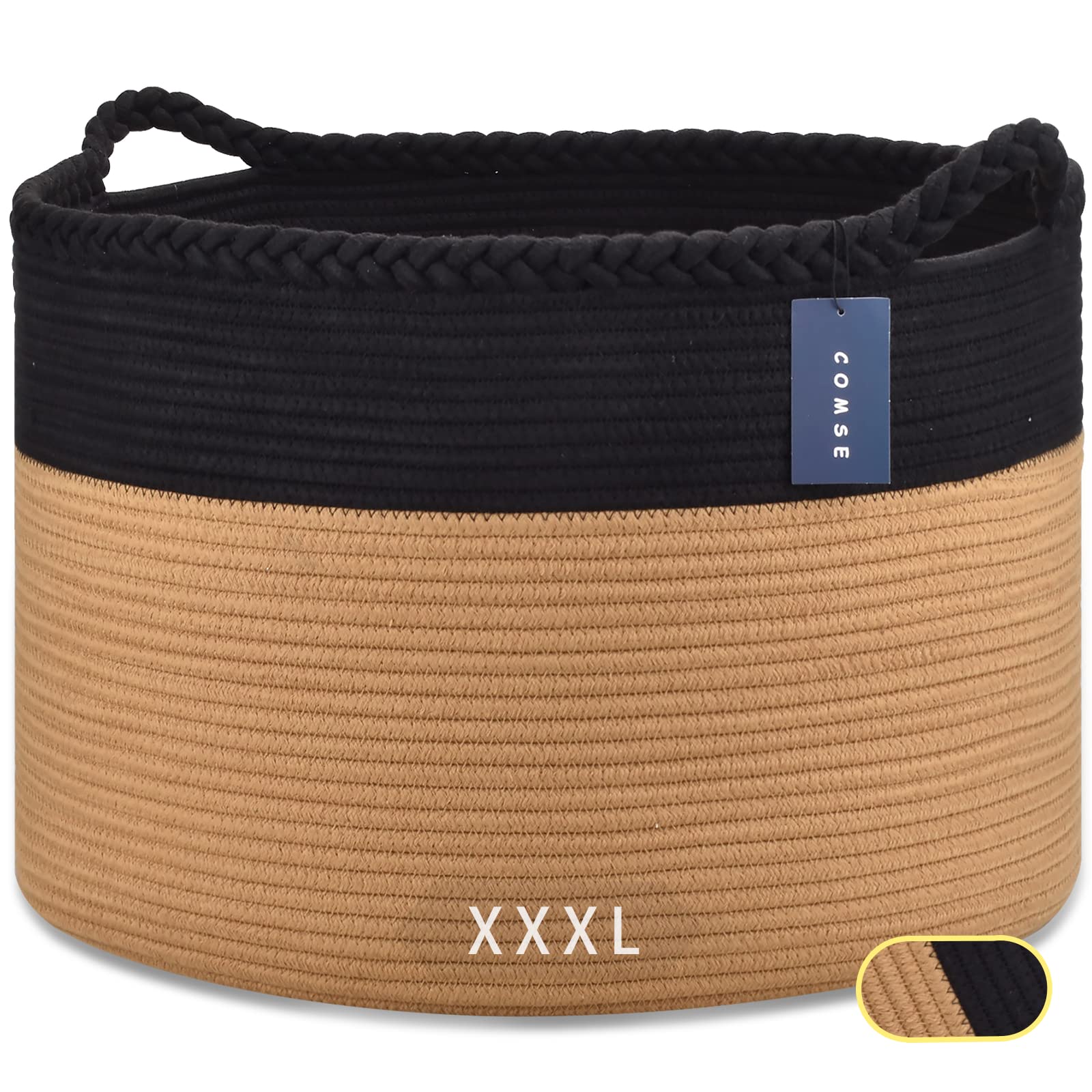 COMSE Extra Large Blanket Basket, Storage Basket, Large Laundry Basket, 21.7�x 13.8�, Cotton Rope Basket, Blanket Storage for Living Room, Toy Basket, Woven Basket, Clothes Baskets, Black/Camel