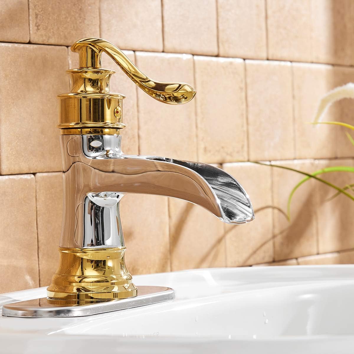 Exclusive Discount 70% Price BWE Bathroom Faucet Waterfall Single Handle Chrome and Gold Vanity with Pop Up Drain Stopper with Overflow One Hole Lever Bath Sink Basin Restroom Mixer Tap Commercial Supply Line Lead-Free