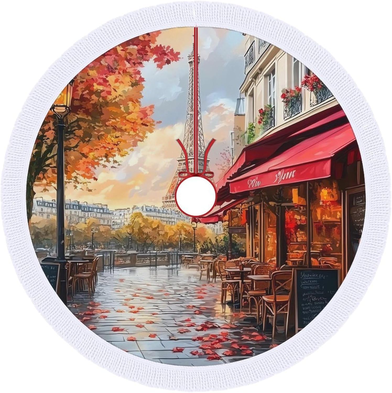 Eiffel Tower Cityscape Christmas Tree Skirt Round Xmas Tree Mat Ornaments Tree Skirts with Tassels for Holiday Party