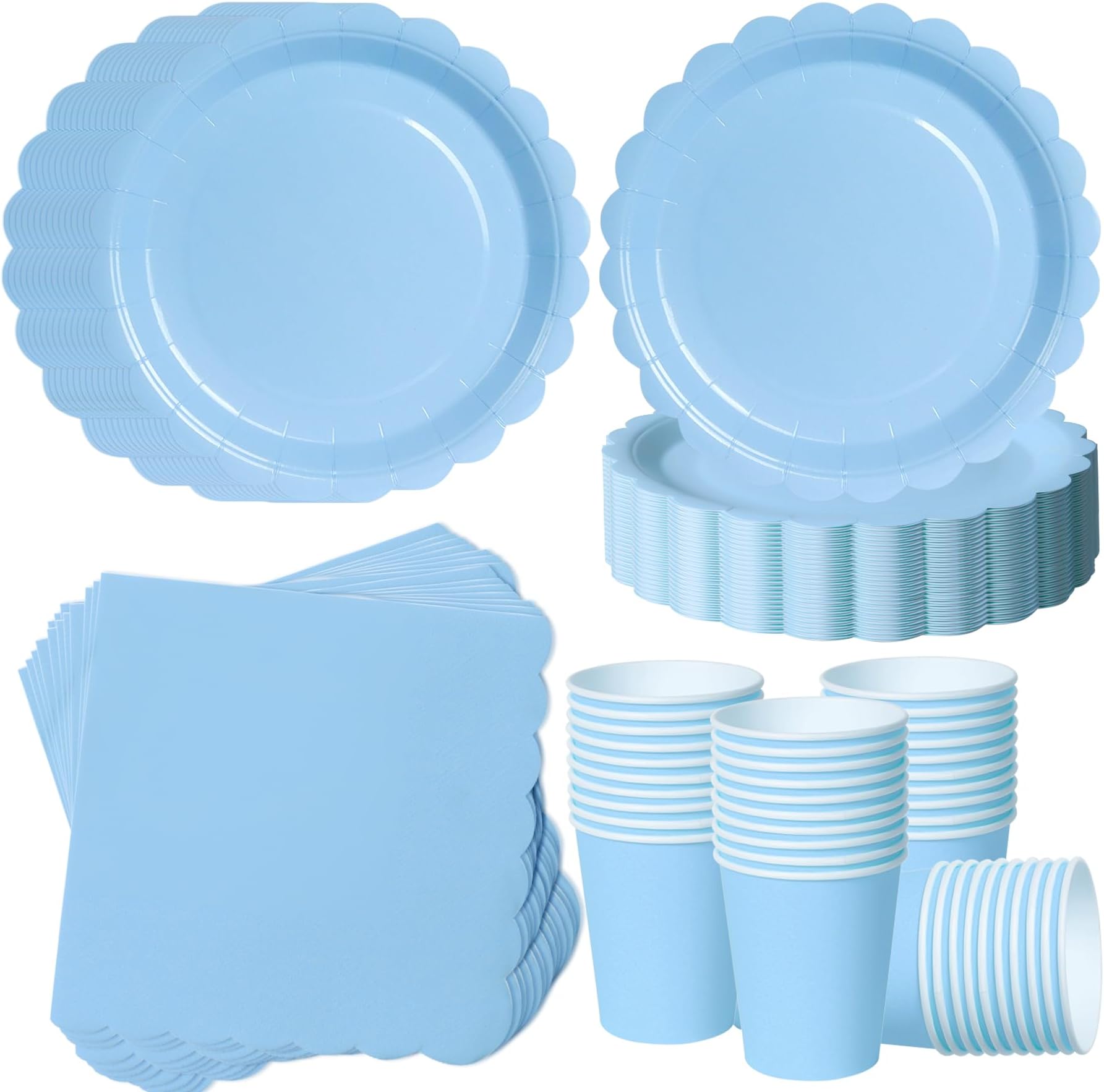 Light Blue Party Tableware Set for 40 Guests |A Set of 120 pcs Includes 7inch Scalloped Paper Plates, Cups & Napkins | Baby Shower for Boy, Pool Party & Summer Celebration