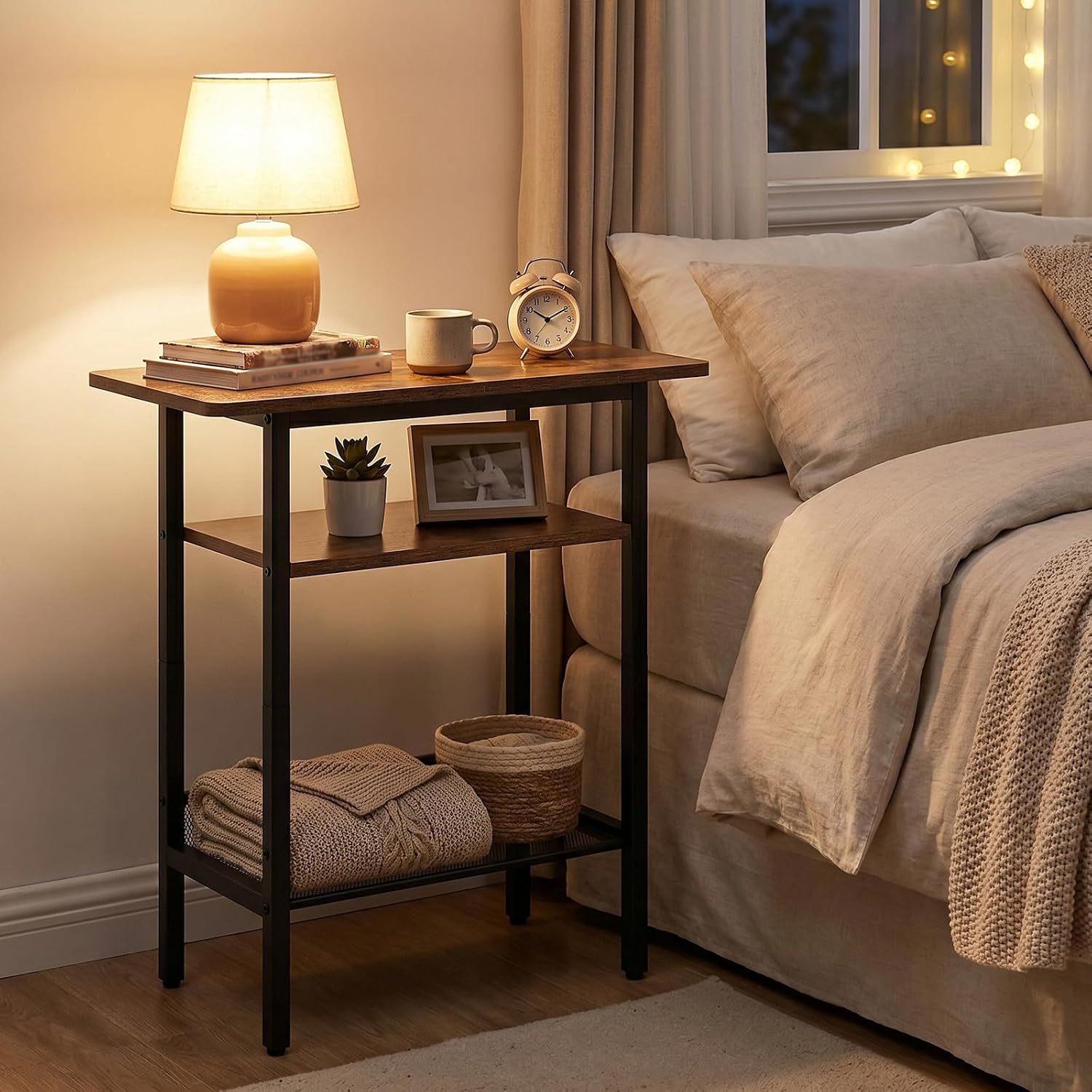 HOOBRO Side Table, Narrow End Table with Shelf and Wide Storage Tabletop, 3-Tier Bedside Tables for Small Spaces for Living Room, Bedroom, Study, Rustic Brown and Black BF366BZ01