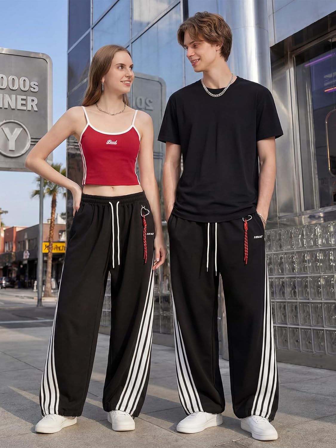 Y2K Baggy Barrel Sweatpants for Women Men, Striped Wide Leg Joggers with Drawstring Waist and Adjustable Cuffs