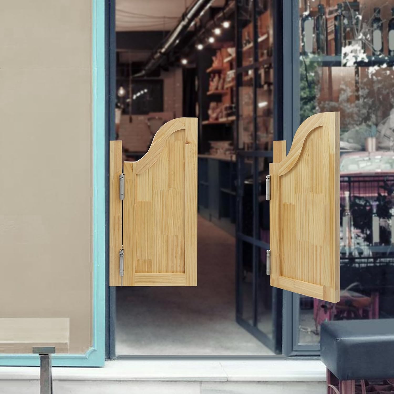 Swinging Doors Premade Interior Doors Thick Pine Wood Cafe Door Arched Top Saloon Door Double Action Door with Hinges for Inside (27.5x27.5in-Wood)
