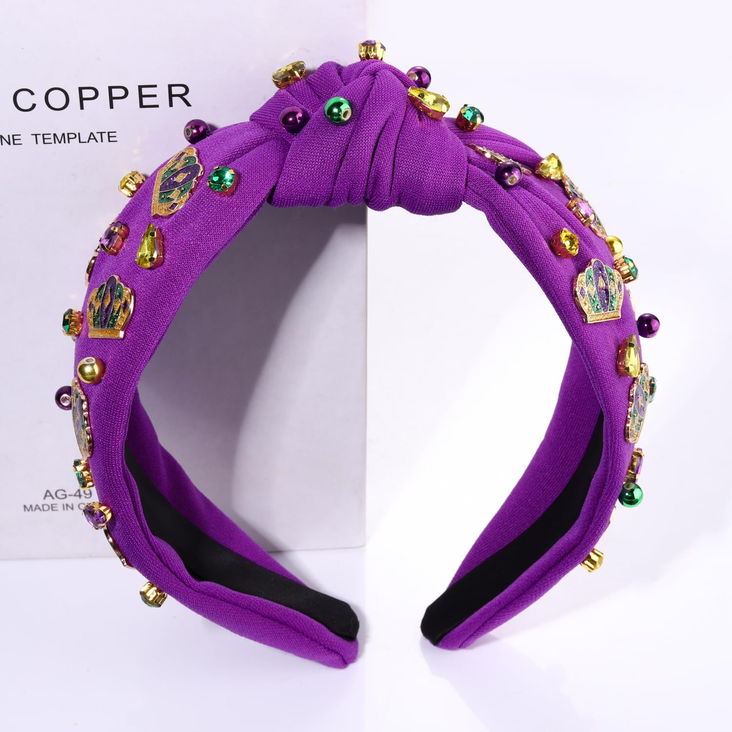Mardi Gras Headband for Women Fleur De Lis Crown Mask Knotted Headband Purple Jeweled Rhinestone Pearl Top Knot Headbands Carnival Mardi Gras Accessories Fat Tuesday Party Favors (Crown 1 - Purple) - Image 5