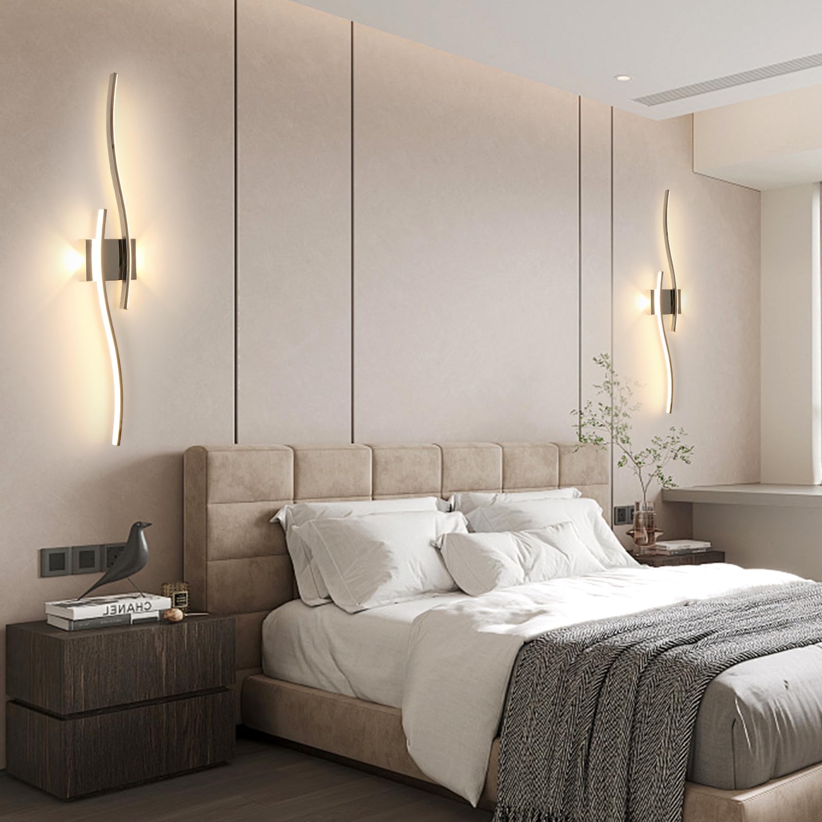 Comely Wandlampe Innen LED Moderne, Wandleuchte up and down 27W 3000LM, Gebogene Design Wandleuchten Silber für Wohnzimmer Schlafzimmer Treppenhaus Flur, Warmweiß 3000K