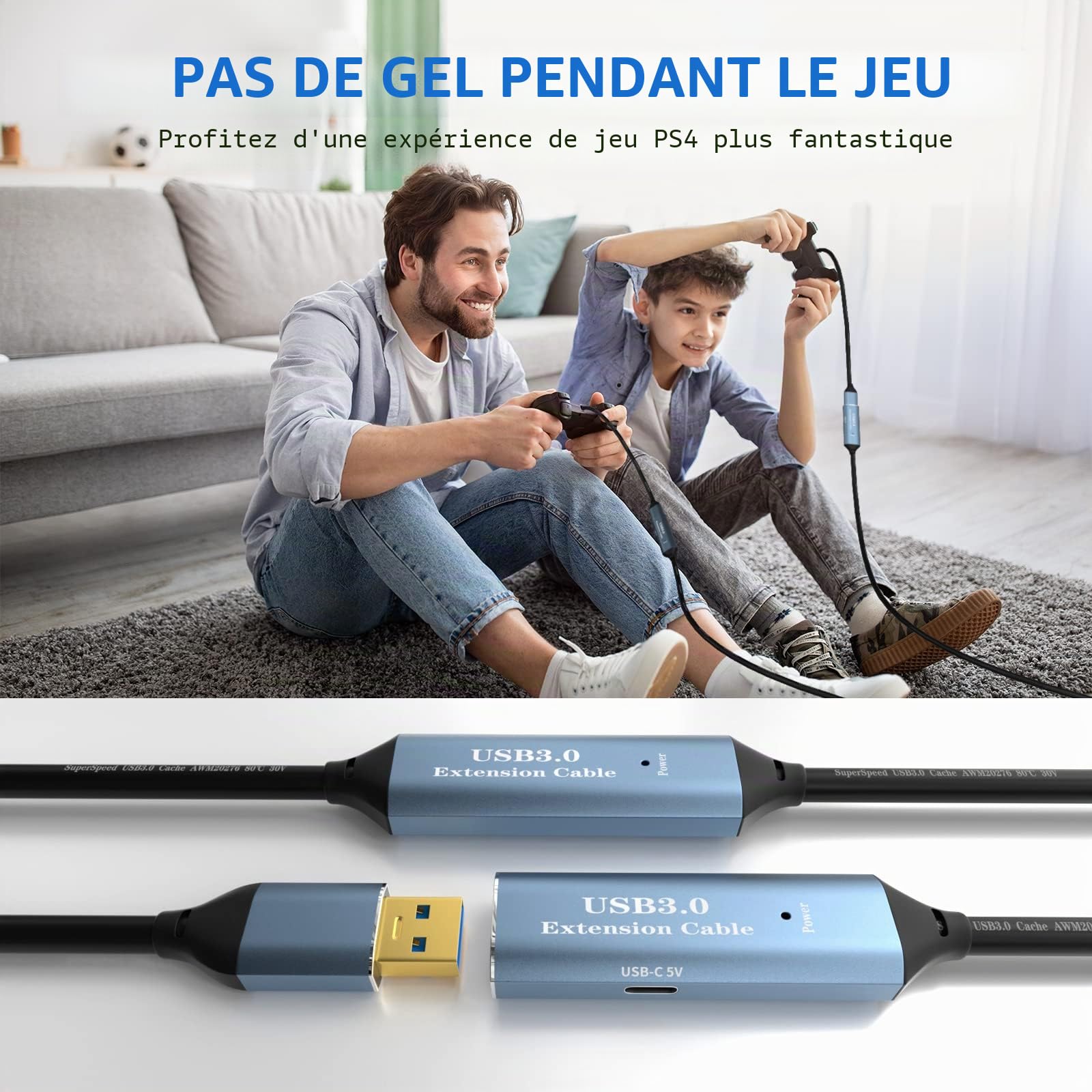 Câble d'extension USB 3.0 10 m, type A mâle vers femelle, actif avec 2 puces, amplificateur de signal et 1 port de charge USB-C, pour webcam, hub USB, Playstation, imprimante, appareil photo