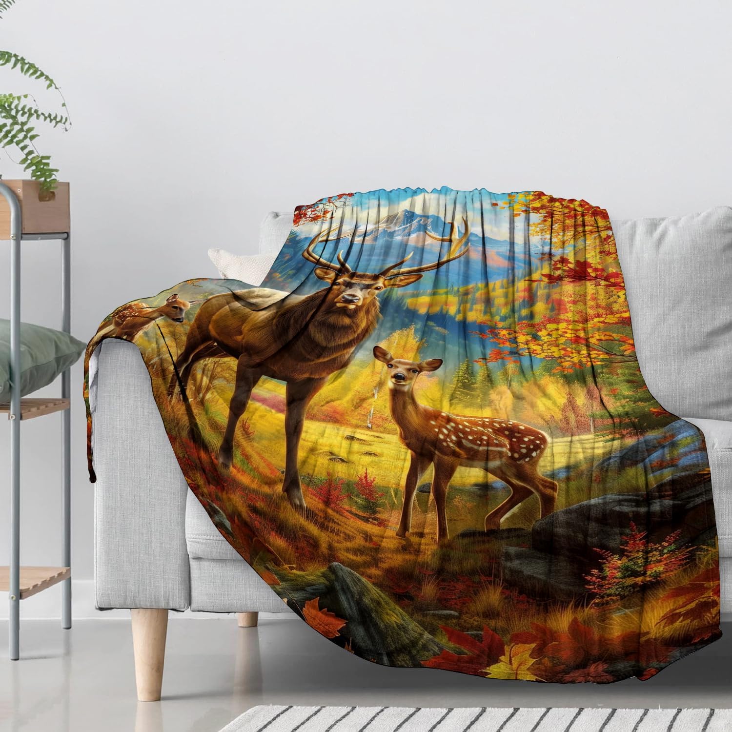 Autumn Deer Flannel Throw Blanket 60X80 Inch, Majestic Wildlife in Mountain Forest Landscape Blankets Soft Cozy Fleece Throws for Animal Lover Bed Sofa Dorm Living Room Fall Decor Gifts