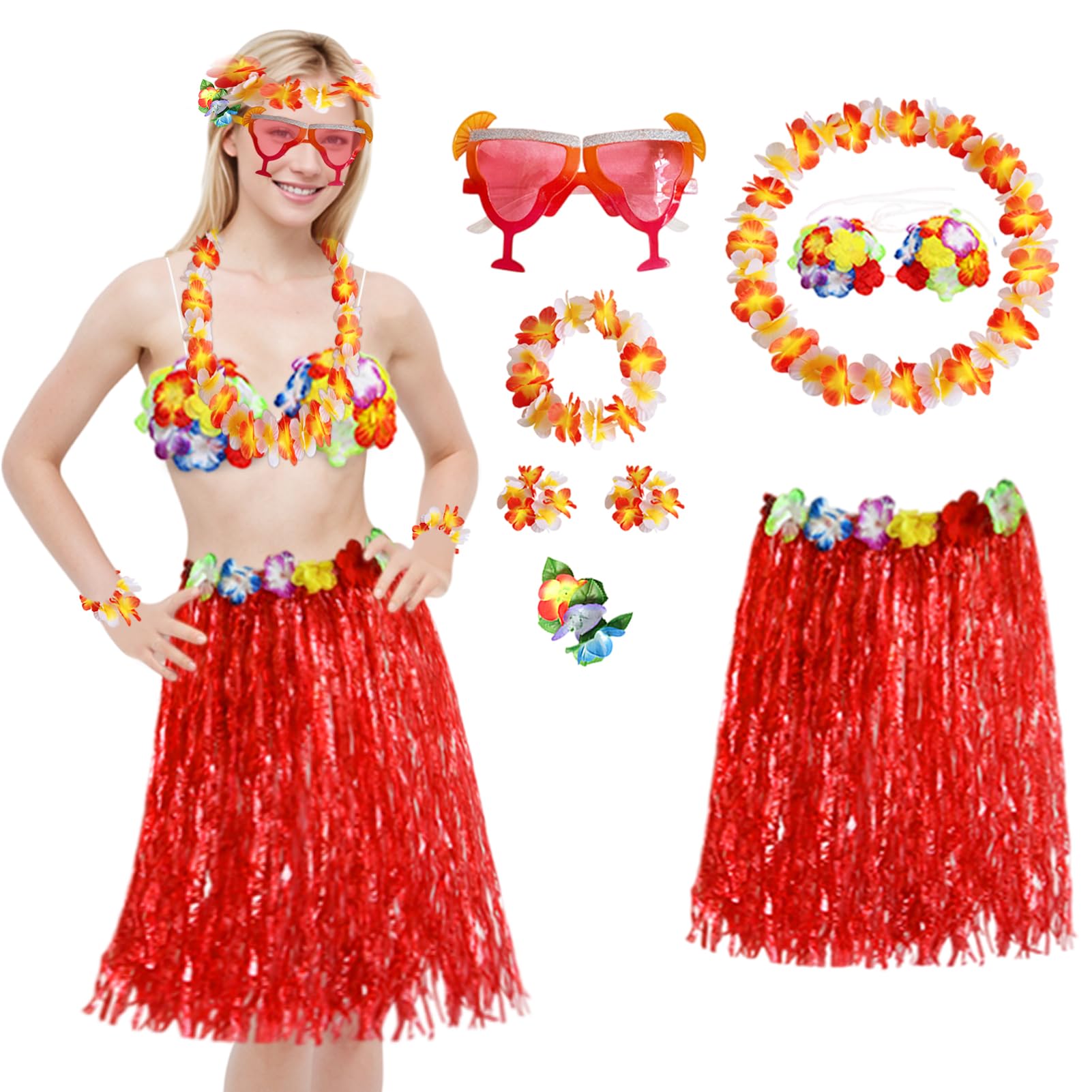 8 Pcs Hawaiian Hula Costume Set,40cm Hawaiian Grass Skirt,Hawaii Leis,Flower Bikini Top,Hibiscus Hair Clip Set,for Adults Fancy Dress Supplies Party Summer Beach Tropical Party Decorations (red)