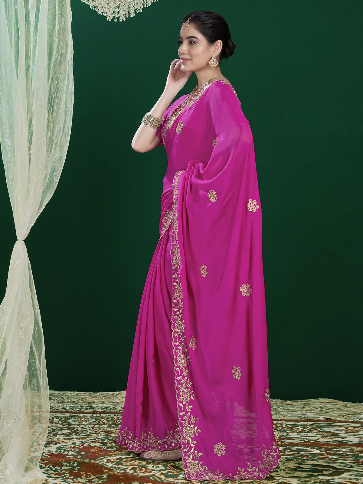 Satrani Women's Georgette Sequence Embrodery Scollped Border Saree With Unstitched Blouse Piece (4215S382N_Rani Pink)