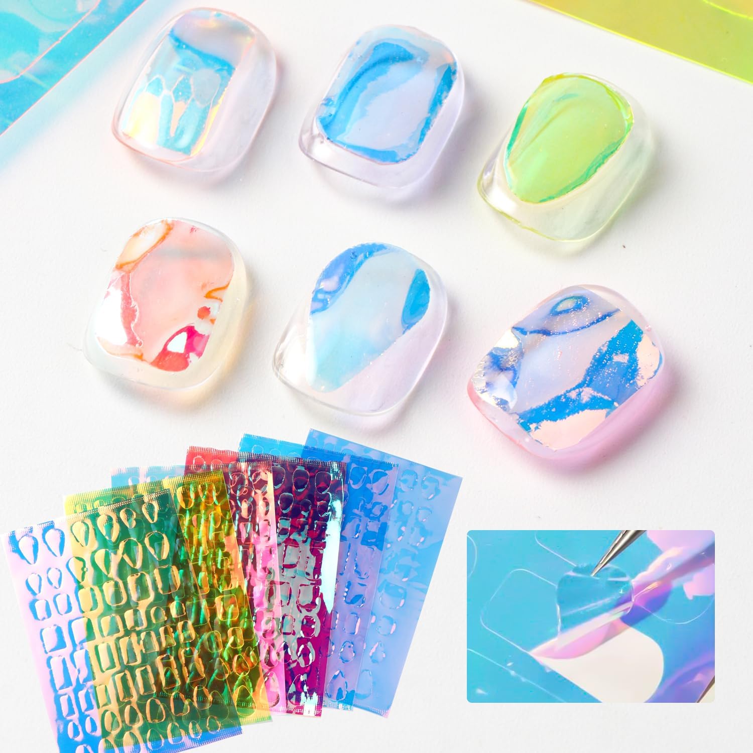 6PCS Aurora Glass Nail Foil Sheets Laser Nail Stickers 3D Reflective Mirror Effect Iridescent Cellophane Holographic Sticker Paper Nail Supplies for DIY Nails Art Manicure Decoration