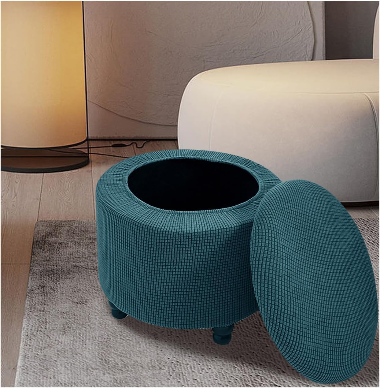 Wcxixo Round Storage Footstool Cover Storage Ottoman Cover with Lid Stretch Jacquard Fabric Foot Stool Cover Round Compatible Diameter 17.5-23in Storage Footstool
