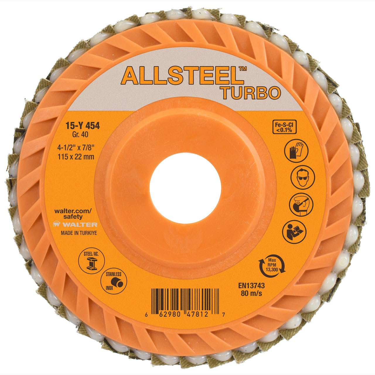 Walter 15Y454 4-1/2x7/8 ALLSTEEL Turbo Flap Disc Nylon Backing 40 Grit Type 27, 10 Pack
