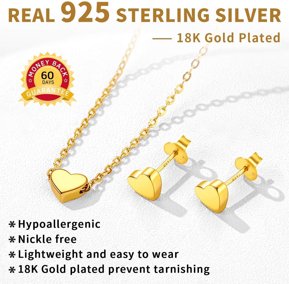 ChicSilver 18K Gold Plated Sterling Silver Dainty Small Heart Pendant Necklace and Stud Earrings Jewelry Set for Women Girls