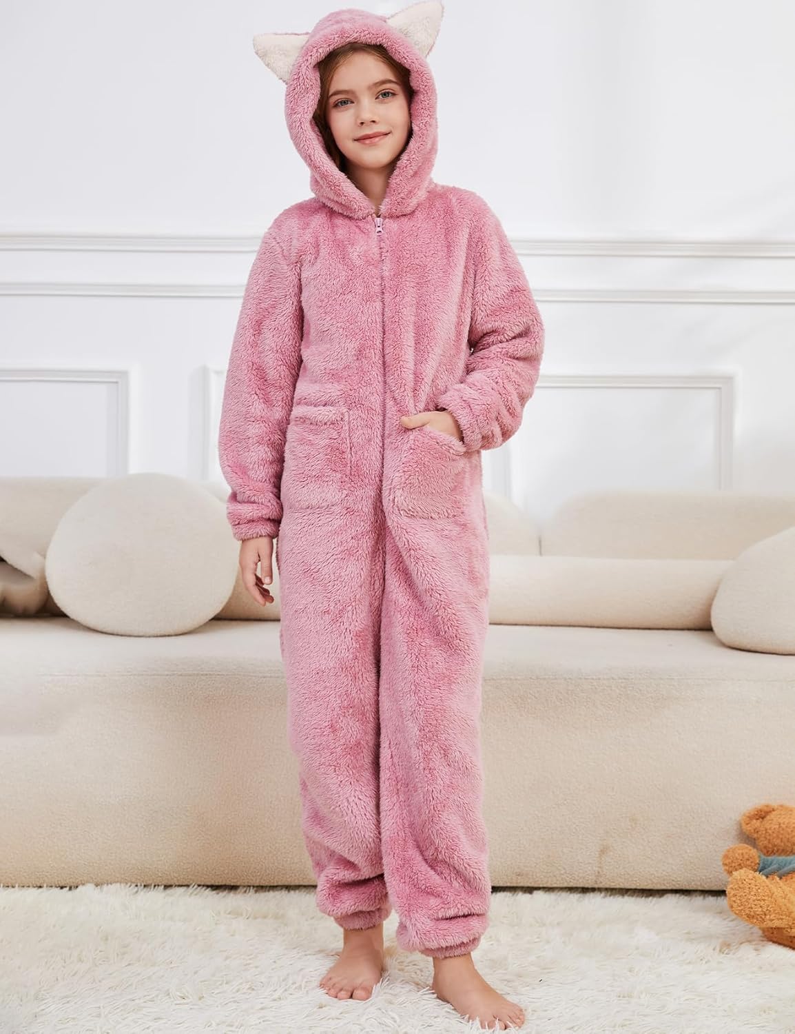 Flygo Girls Fleece Jumpsuits Fuzzy Hooded Onesie Rompers Kids Zip One Piece Romper Costume Warm Winter Clothes 5-14 Years - Image 4