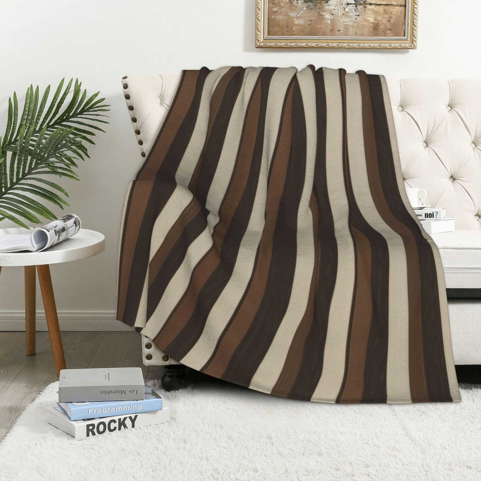 Couverture de flanelle de 320 g marron à rayures compacte et douce