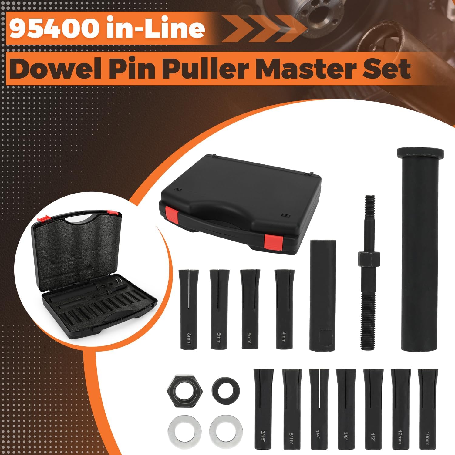 18PCS 95400 in-Line Dowel Pin Puller Master Set, SAE & Metric Collets Included, No Slide Hammer Required, Compatible with Air Ratchet & Hand Ratchet, Efficient Dowel Pin Removal Tool