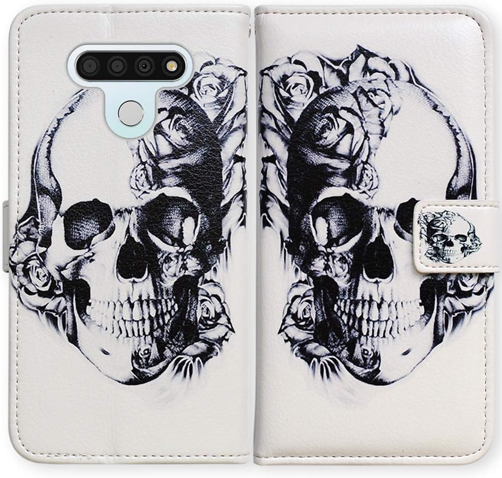 Bcov LG Stylo 6 Case, Black Flower Skull Leather Flip Case Wallet Cover with Card Slot Holder Kickstand for LG Stylo 6