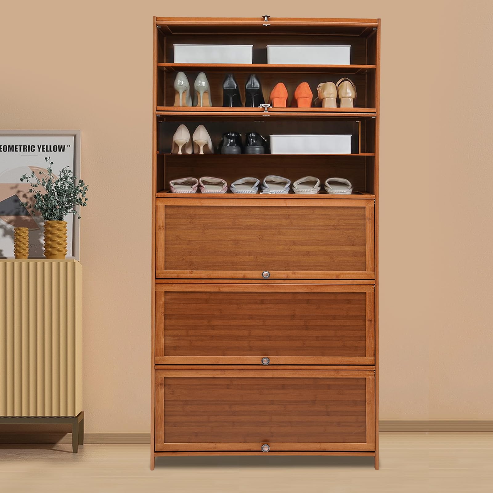 LOHISHILO 11 Tier Freestanding Shoe Cabinet, Entryway Shoe Organizer, Modern Sneaker Storage Rack, Large Capacity with 5 Doors, 30-Pair Heels Boots,