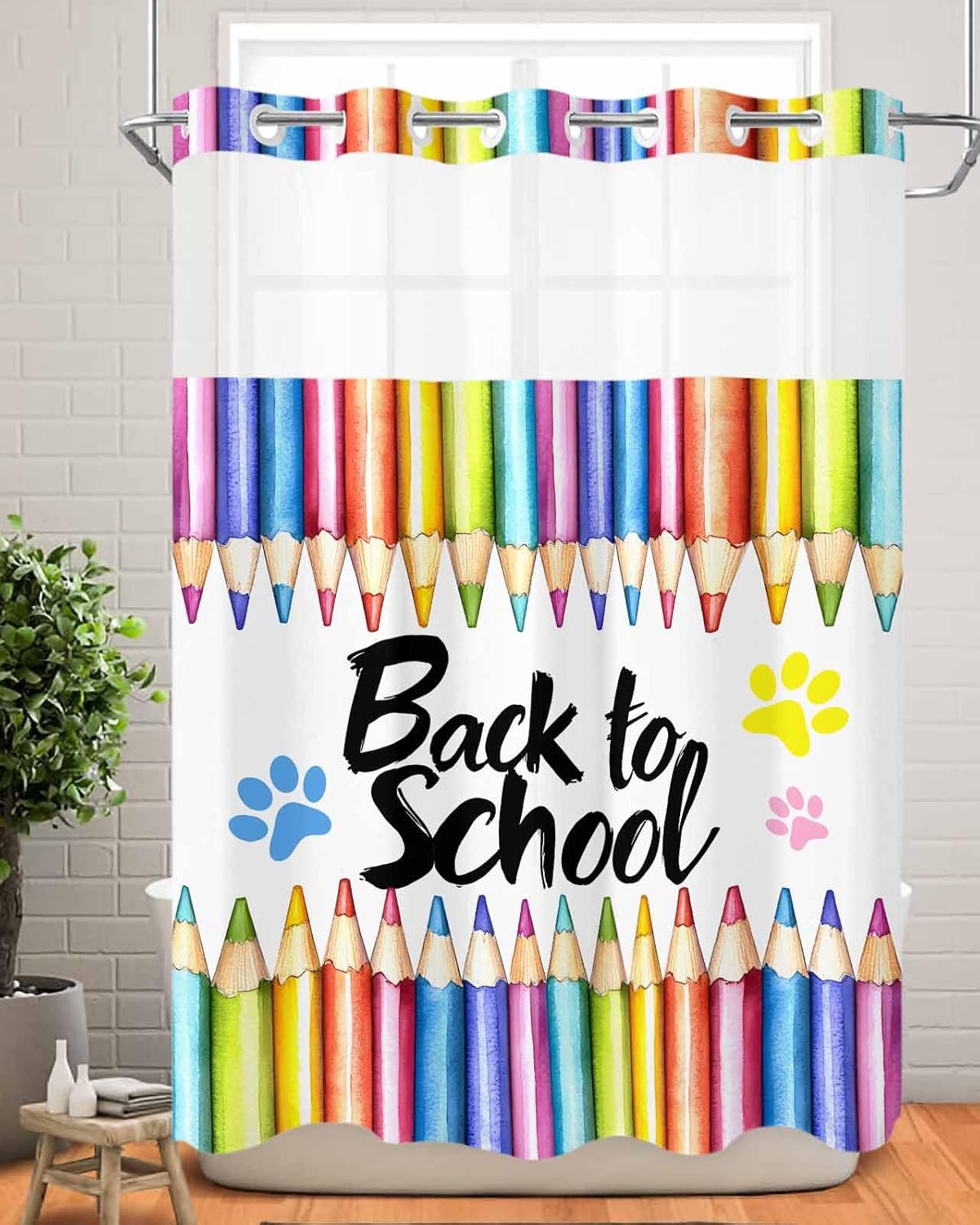 Back-to-School Season No Hook Shower Curtain with Snap in Liner, Pencil Paw Print White See Through Mesh Top Window Shower Curtain for Bathroom Decor, Waterproof&Machine Washable 72" x 84"