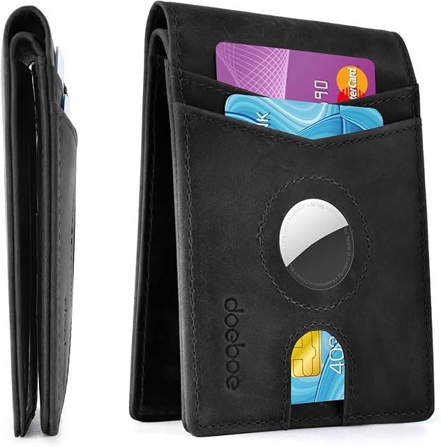 doeboe Airtag Wallet Men, Wallet for Men with Airtag Holder, Genuine Leather Credit Card Wallet, Bifold Slim Wallet for Air Tag GPS Tracker, RFID Minimalist Front Pocket Wallet, Airtags Accessories