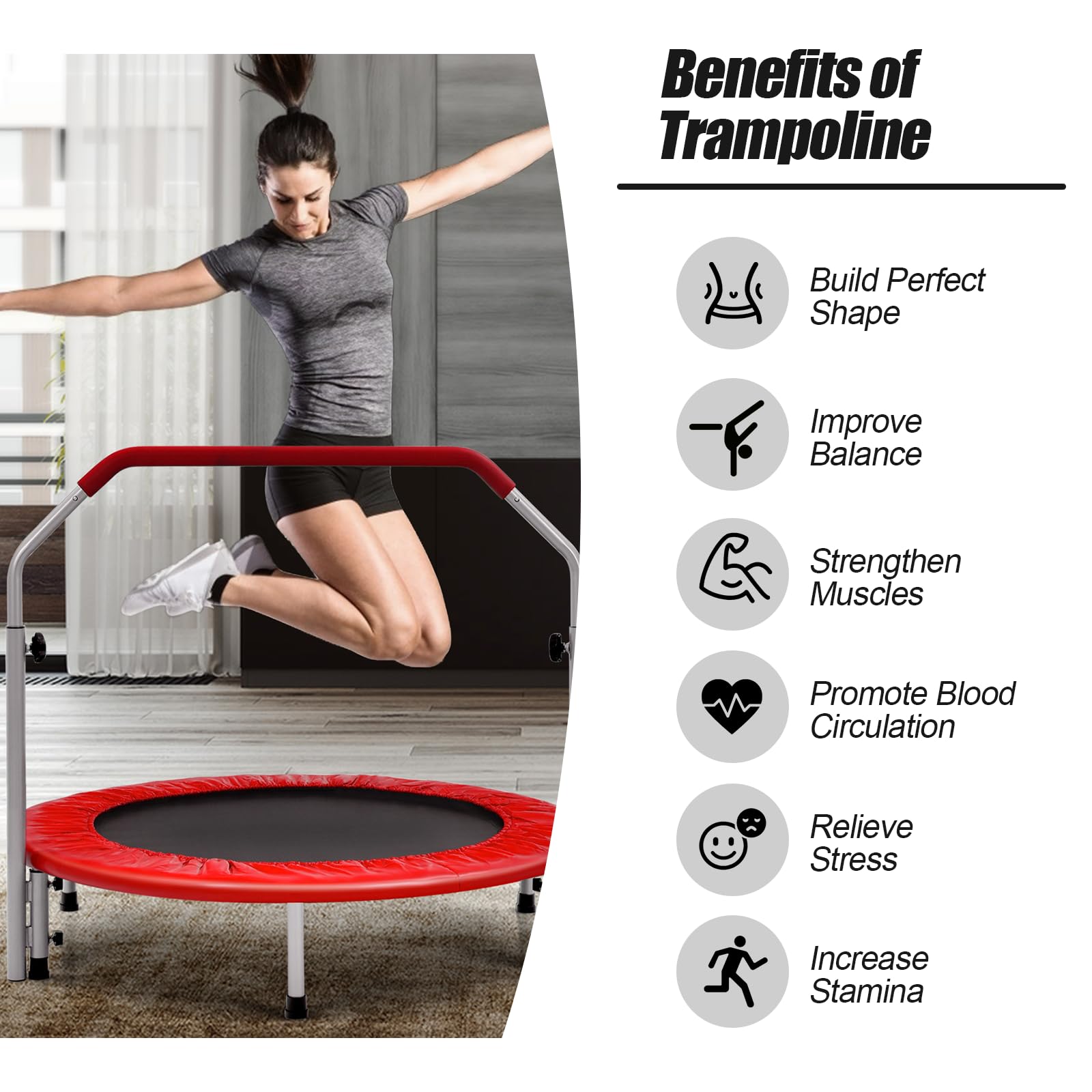 LIFEZEAL Trampolín Plegable, Mini reboteador con barandilla Ajustable, Mini trampolín de Fitness Interior para Adultos, niños, Ø 101 cm, Carga máx. 150 kg