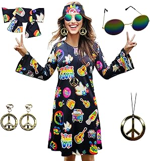 70s Hippie Dress Costumes Necklace Earrings Sunglass Women Disco Outfit, 60s Party Costume, Halloween Retro Dresses