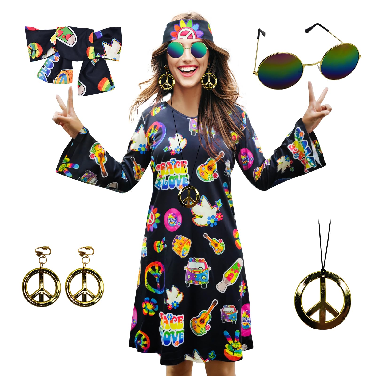MRYUWB 70s Hippie Dress Costumes Necklace Earrings Sunglass Women Disco Outfit, 60s Party Costume, Halloween Retro Dresses(Black, Small)