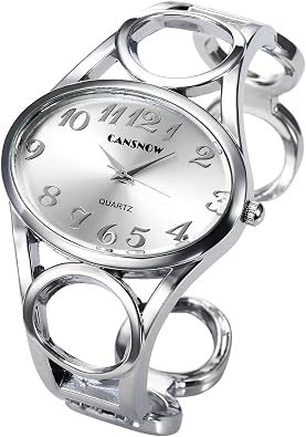 Top Plaza Women Fashion Silver Tone Circle Band Arabic Numeral Scale Bangle Cuff Dress Bracelet Watch - Valentines Day Gift