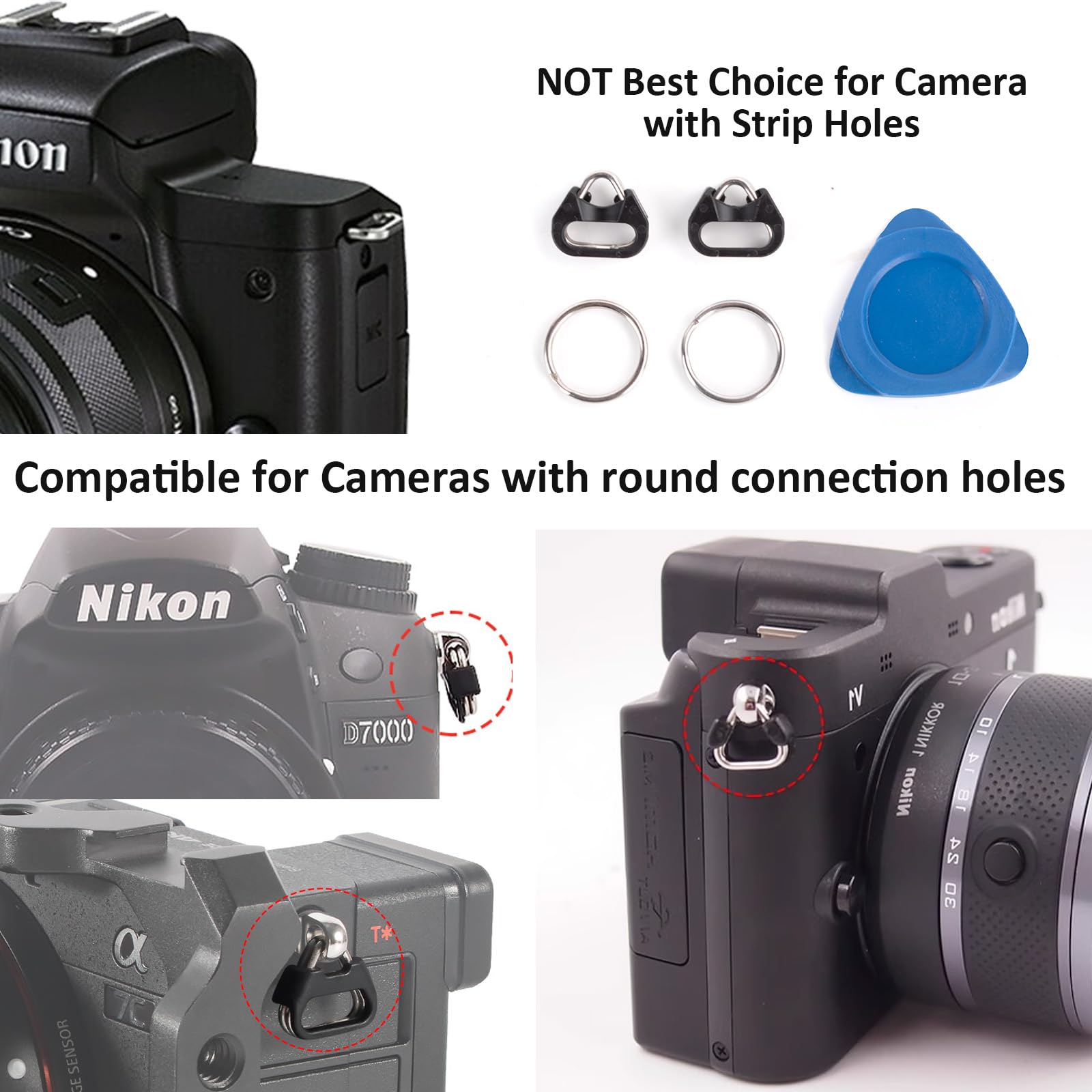MUZIRI KIINOKOO - Tracolla per fotocamera in vera pelle, con anelli triangolari, compatibile con la maggior parte delle fotocamere con fori di collegamento rotondi, lunghezza 110 cm