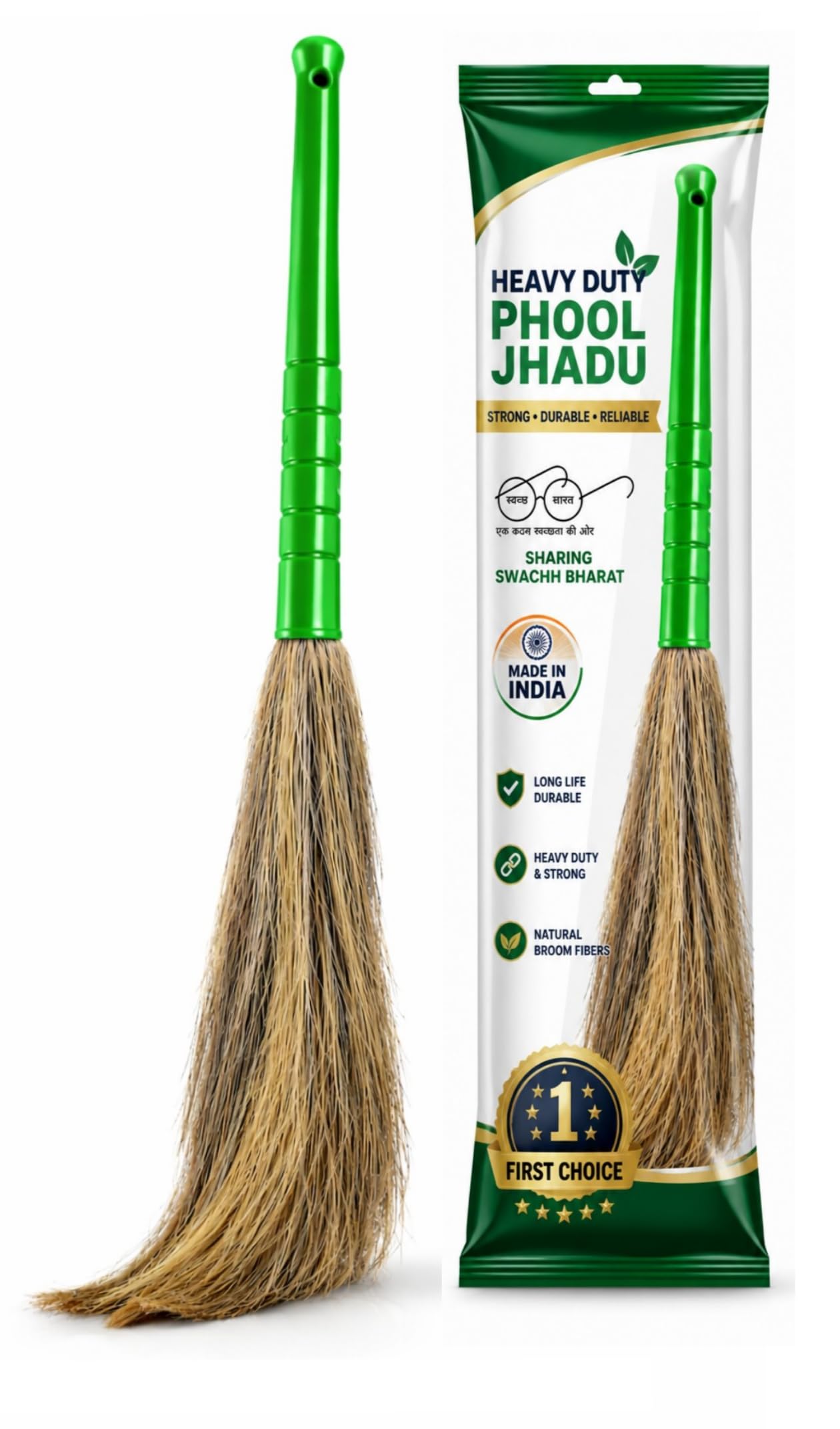 Extra Strong Indian Grass Jhadu Phool Broom 95 cm Long Handle Eco-Friendly Dust Locking Durable Lightweight Traditional Floor Cleaning Tool 1 pic-image-9