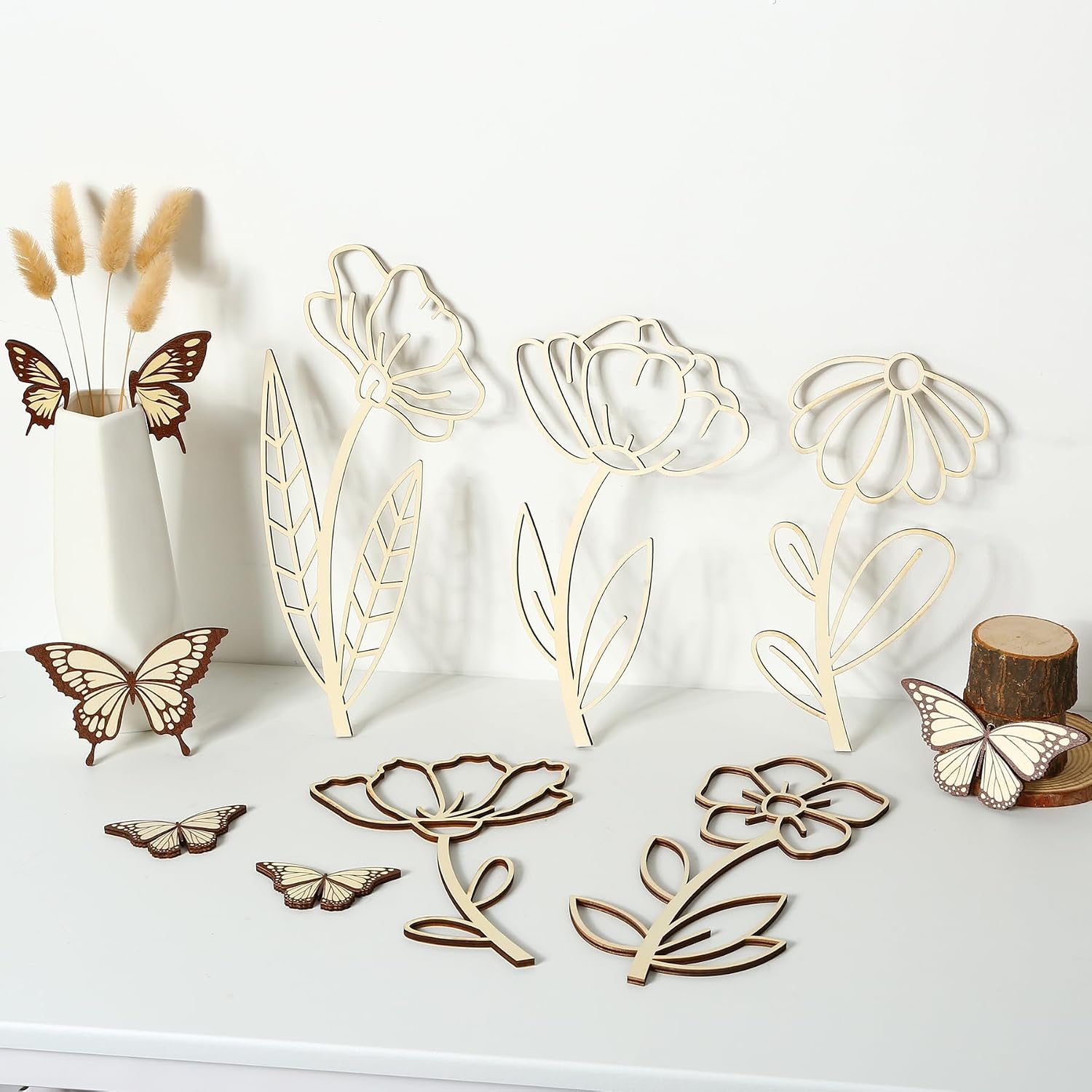 11Pcs Wooden Wildflower Nursery Decor - Nursery Wall Decor, Colorable Butterflies Sign for Wall Art Decoration, Boho Wood Flower Wall Decor for Girl Baby Bedroom Living Room, Wood Flowers Decoration