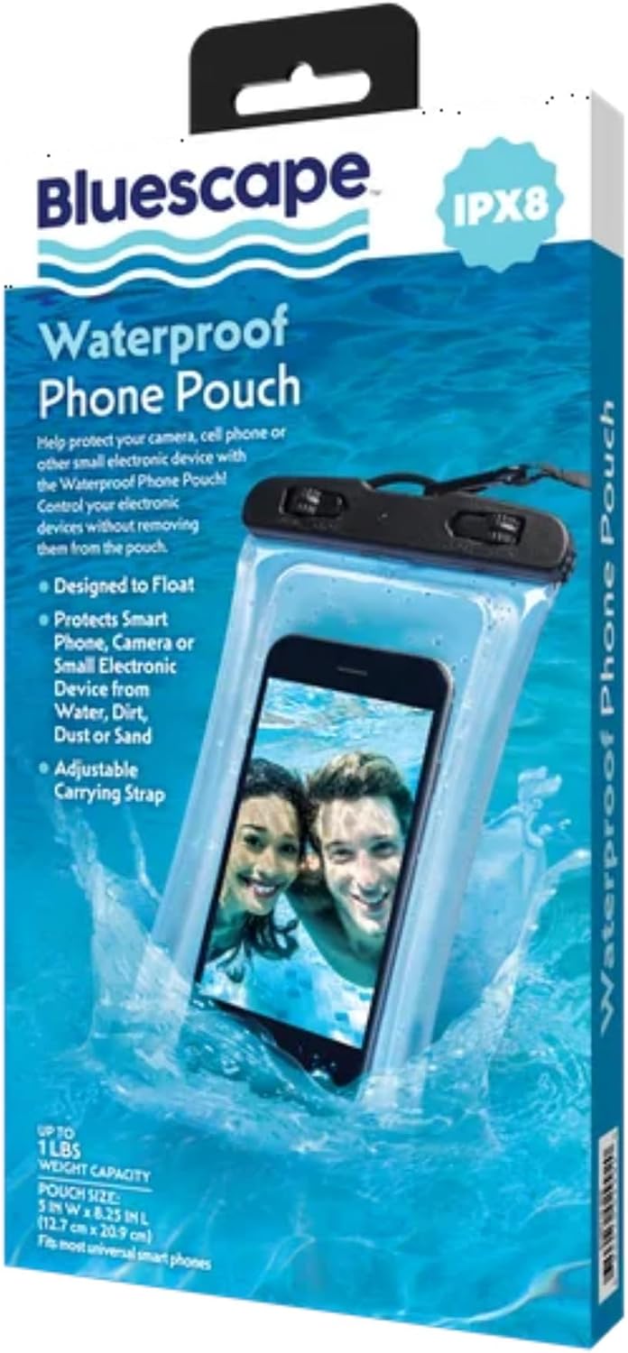 Bluescape Waterproof Phone Pouch packaging, highlighting IPX8 rating and features like 'Designed to Float' and 'Protects Smart Phone'.