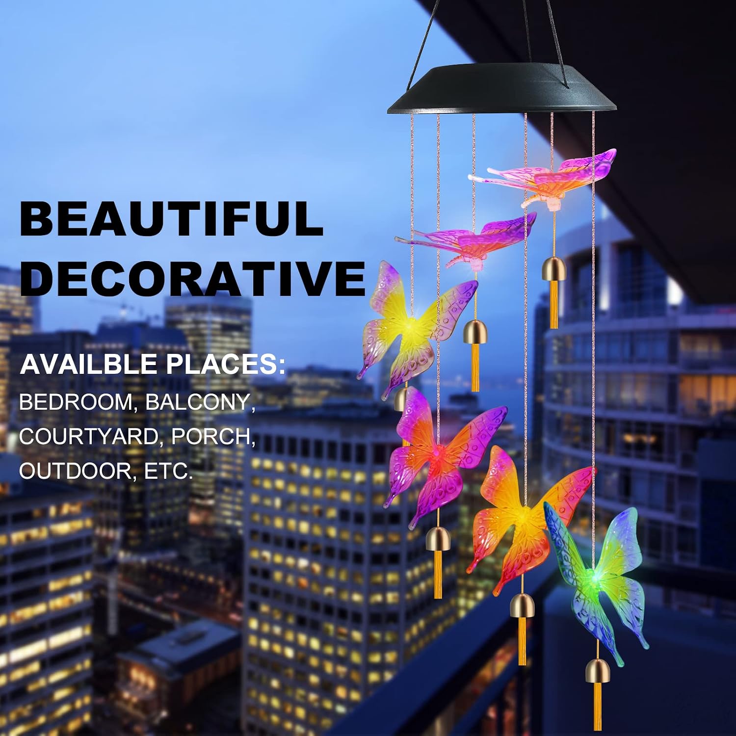 Famiry Solar Bells Butterfly Wind Chimes for Outside, Wind Chimes Colors Changing Six Butterfly Waterproof LED Solar Light, Outdoor Decor for Garden, Patio, Yard, Home