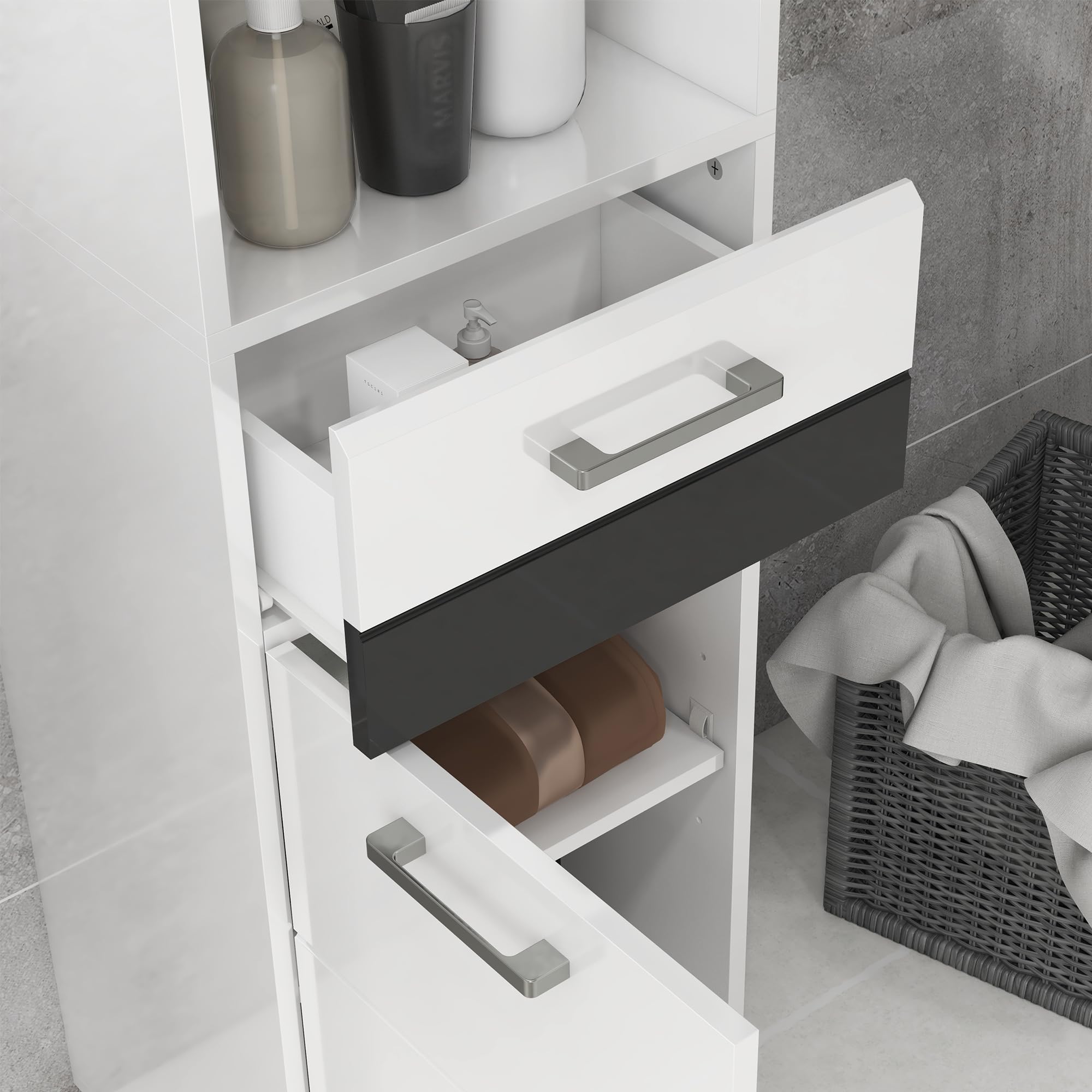 kleankin Colonna Bagno Salvaspzio in MDF, 37x32.5x170 cm Bianco Lucido | Mobile da Bagno, Ripiano Aperto, Cassetto, Armadietto Chiuso