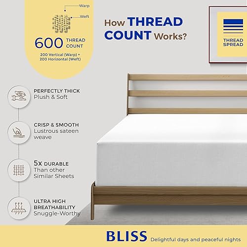 Miniatura 2 de Thread Spread Sábana bajera ajustable 100% algodón tamaño Queen – Sábana bajera de algodón de 600 hilos tamaño Queen, lujosamente suave, duradera