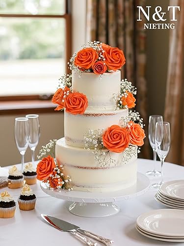 Miniatura 5 de N&T NIETING Flores artificiales de otoño, flores artificiales de rosas naranjas perfectas para bricolaje, ramos de boda, centros de mesa, fiesta de