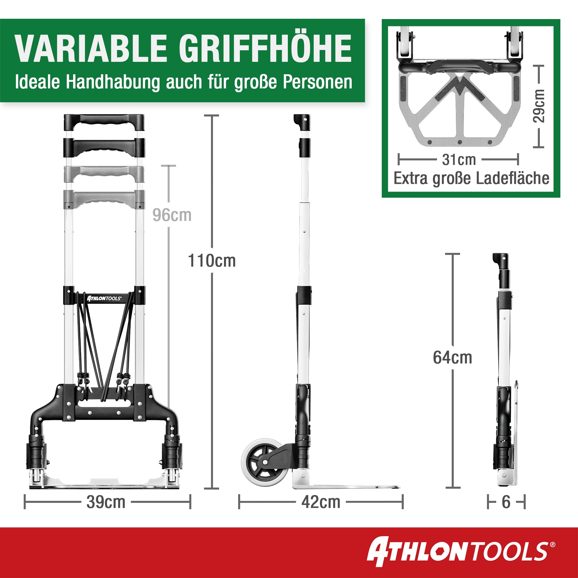 ATHLON TOOLS Aluminium Transportkarre klappbar TÜV GS-geprüft – Langer Teleskopgriff 110 cm, Anti-Rutsch-Pads, Soft-Laufräder, inkl. 2 Expanderseile - Sackkarre klappbar Alu kompakt & leicht