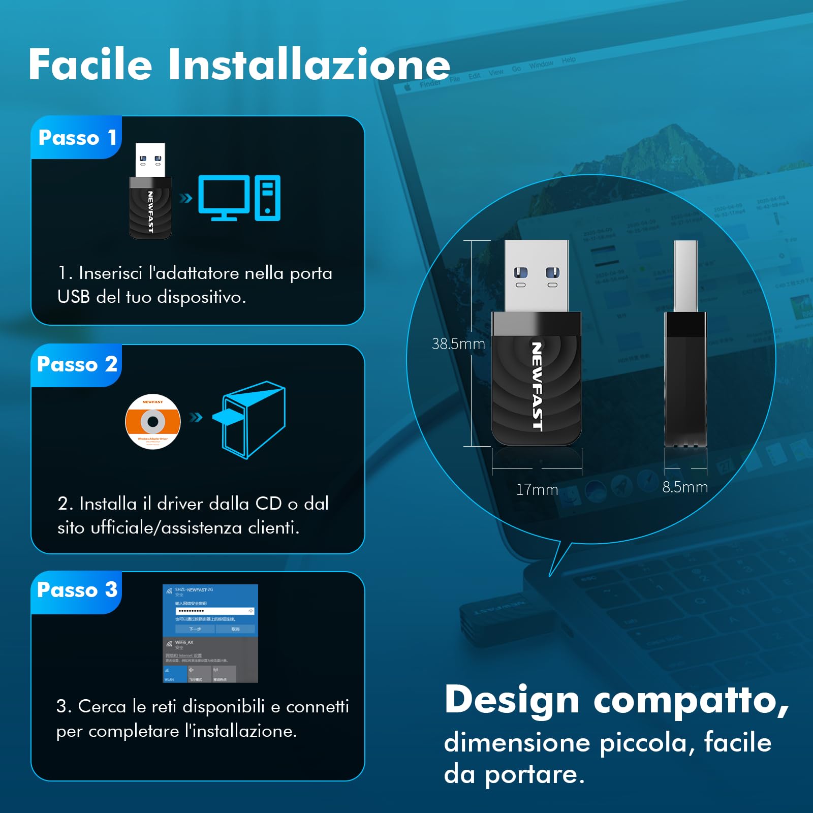 NEWFAST AC1300 WiFi USB Adapter Dual Band 2.4GHz 5GHz 1300Mbps per PC Windows Mac OS