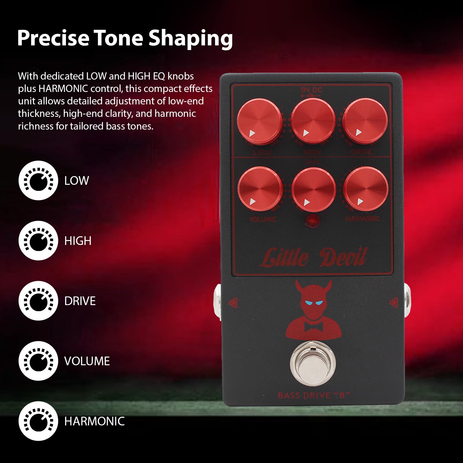Tube Bass Drive Pedal, Pedał Efektów Overdrive do Modelowania Wzmacniaczy Lampowych z 2-pasmowym Pokrętłem EQ Harmonic Control Mix, True Bypass Kompaktowa Konstrukcja dla Gitary