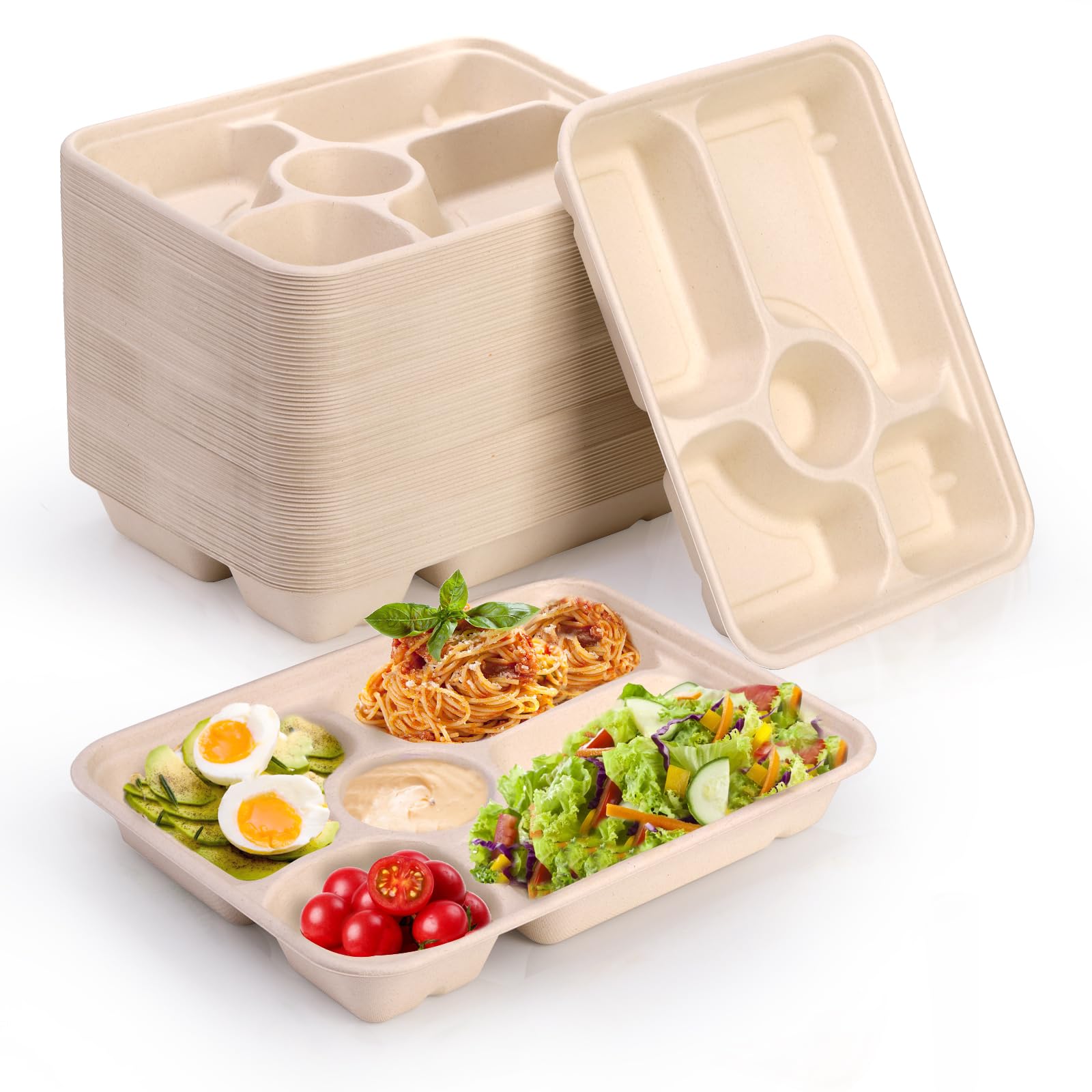 50 Pack 5 Compartment Disposable Paper Plates, 11" x 8" Compostable Bagasse School Lunch Tray, Heavy-Duty Sectional Sugarcane Plate, Divided Platter Tray for Buffet Party, Microwave Safe