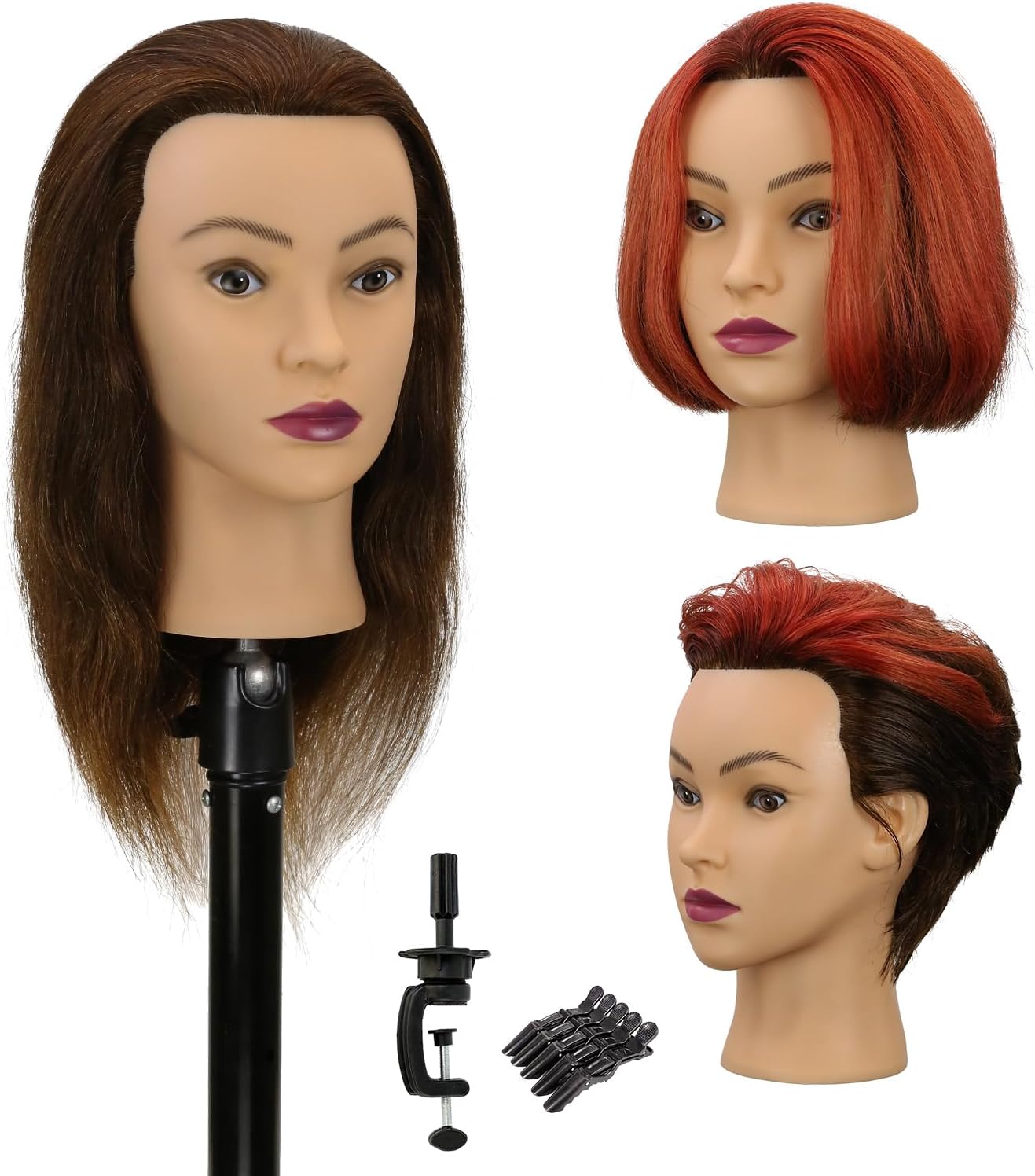 Mannequin Head Human Hair 16 Inch 100% Real Human Hair Hairdresser Practice Training Head Cosmetology Mannequin Head Can be Bleached and Dyed （16 Inch Dark Brown）